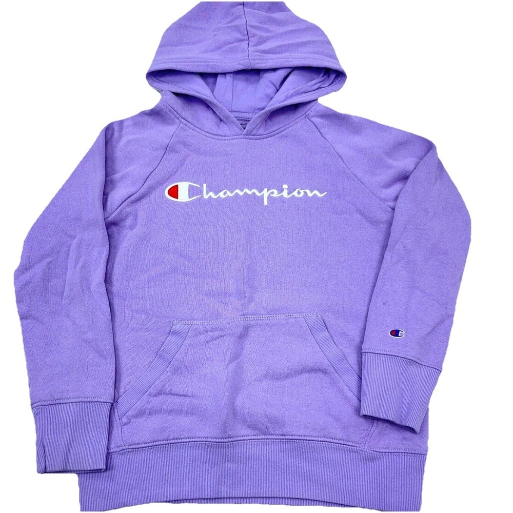 Champion Hoodie Girls Medium Purple White Sweatshirt Sweater Spell Out Youth A15